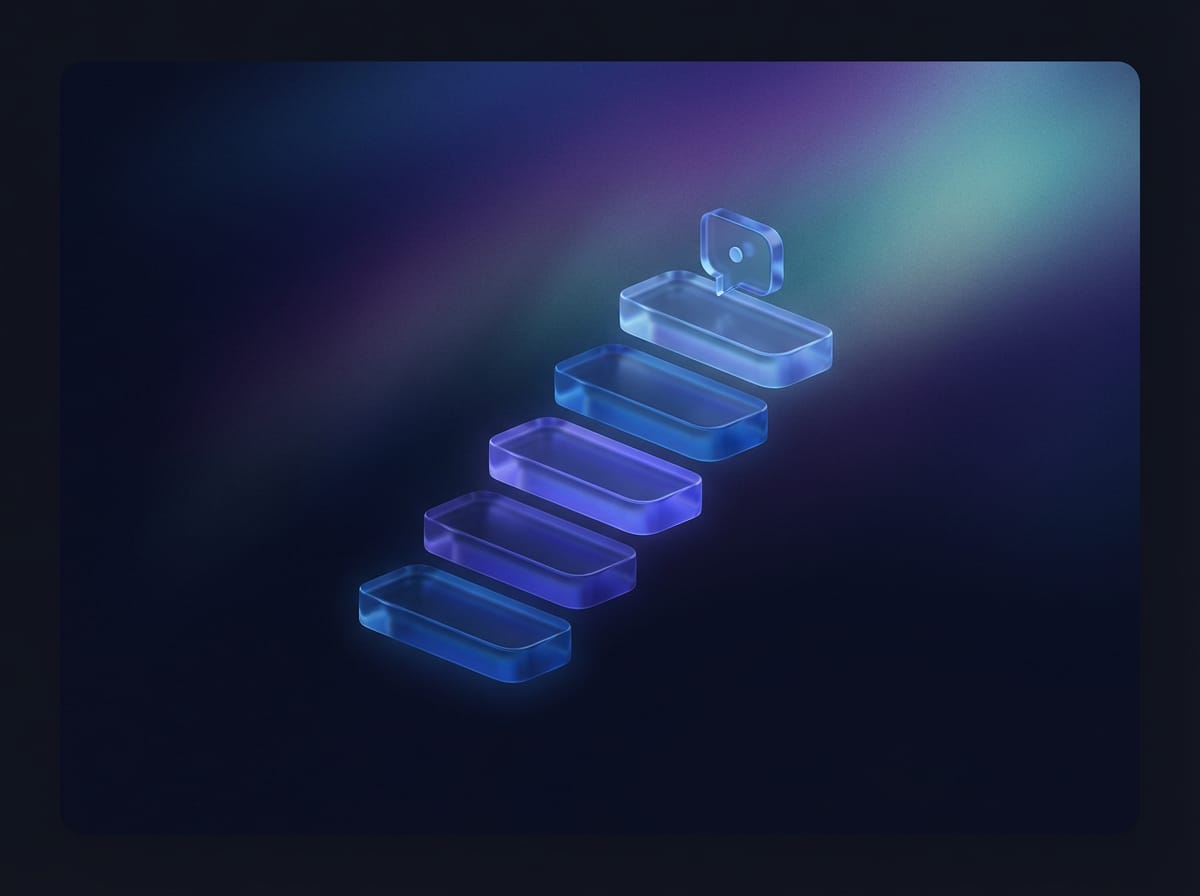 Abstract blue and purple night-sky gradient with gentle glow effects and small conversation icons, suggesting calm, supportive coaching.