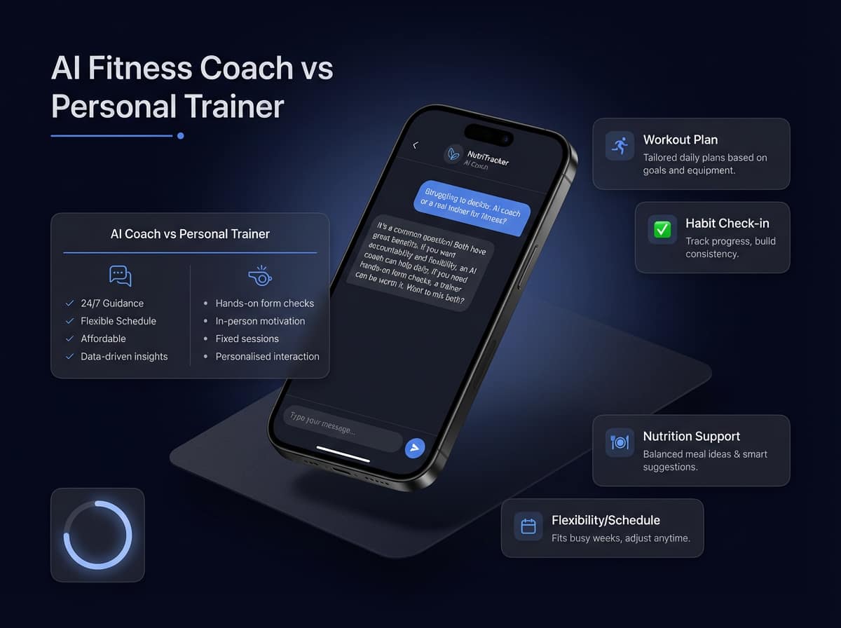 NutriTracker AI fitness coach vs personal trainer hero image showing an iPhone coaching chat with comparison, workout plan, habit check-in, nutrition support and flexible schedule cards.