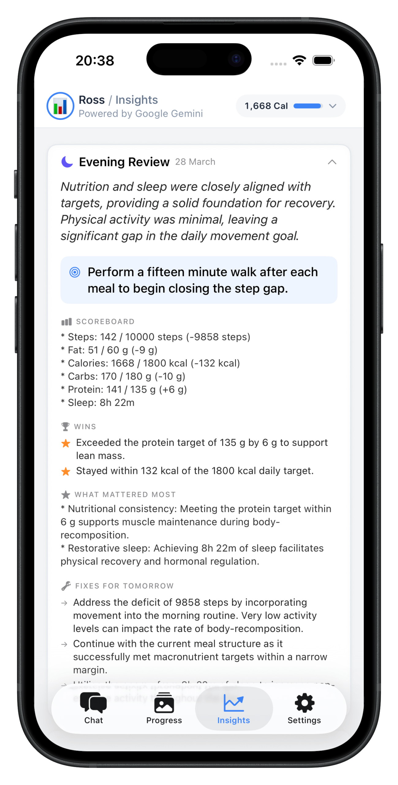 NutriTracker iOS app showing an evening review with scoreboard for steps, calories, protein, sleep and personalised coaching recommendations