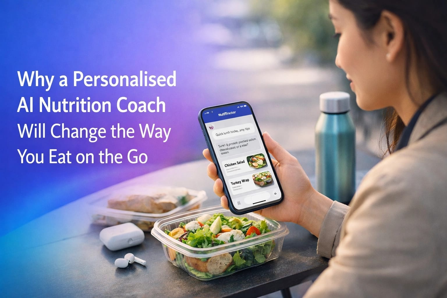 Why a personalised AI nutrition coach will change the way you eat on the go — woman checking NutriTracker app while eating lunch outdoors