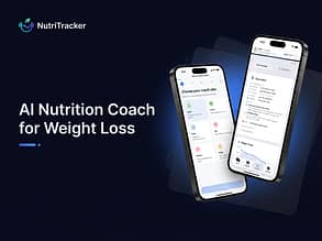 NutriTracker AI nutrition coach blog hero showing the NutriTracker logo, the text “AI Nutrition Coach for Weight Loss”, and two iPhone app screenshots on a dark navy background.