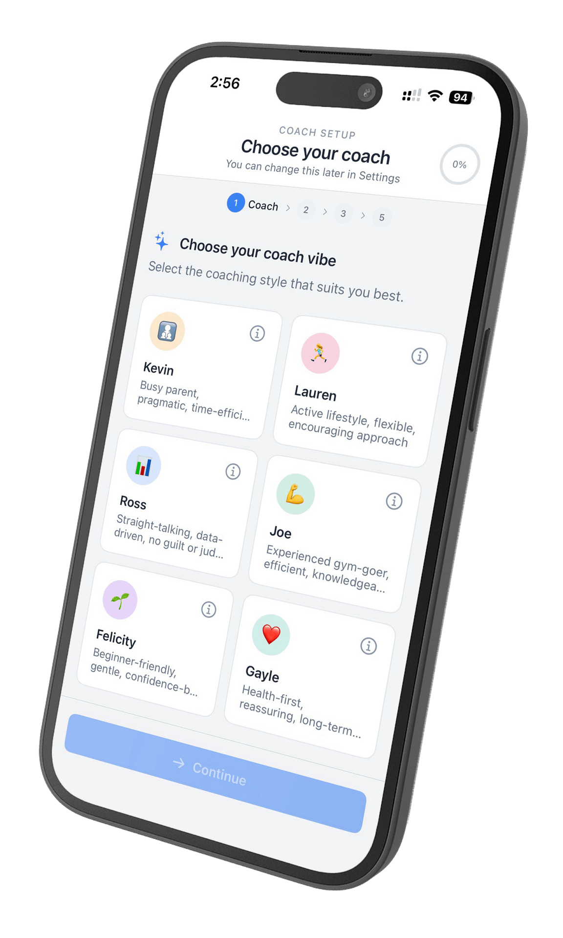 NutriTracker iOS app showing six AI coaching personalities to choose from