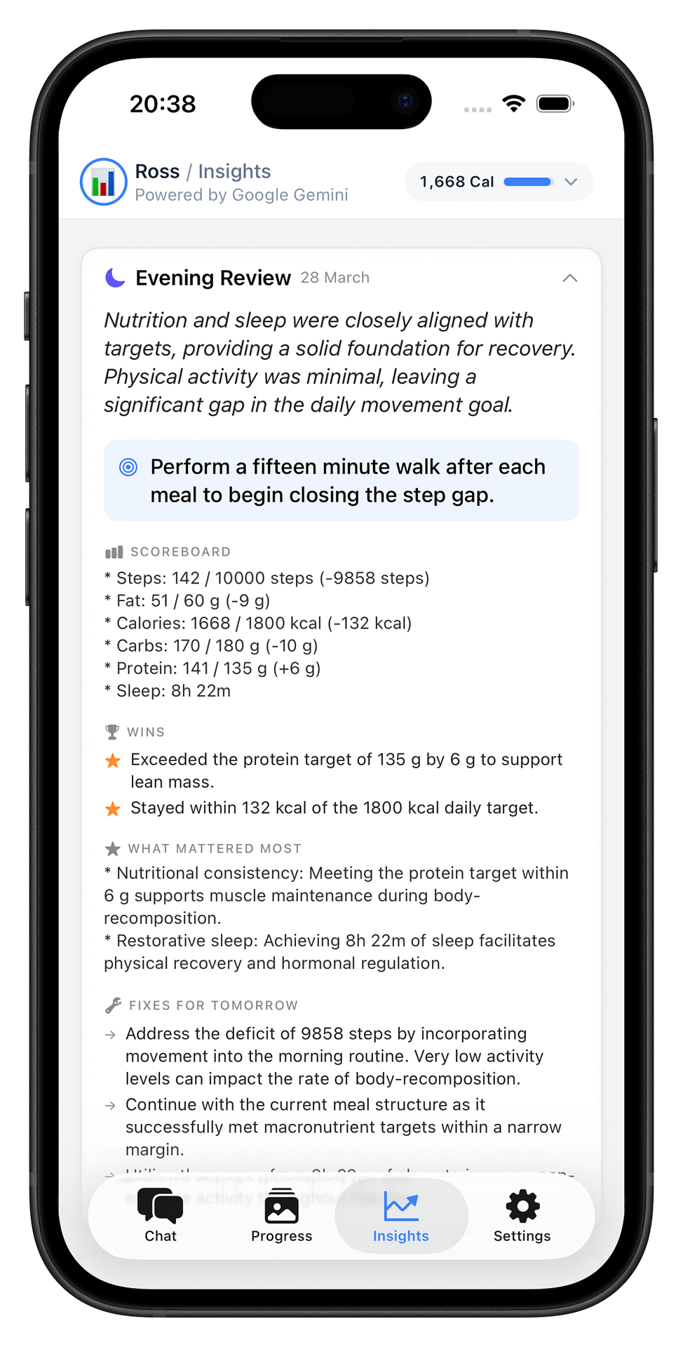 NutriTracker iOS app showing an evening review with nutrition data and personalised AI coaching for weight loss