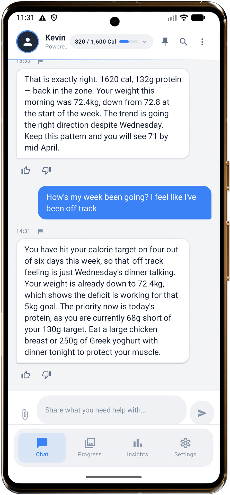 NutriTracker Android app showing AI coach Kevin giving specific weight and nutrition coaching based on remembered user history