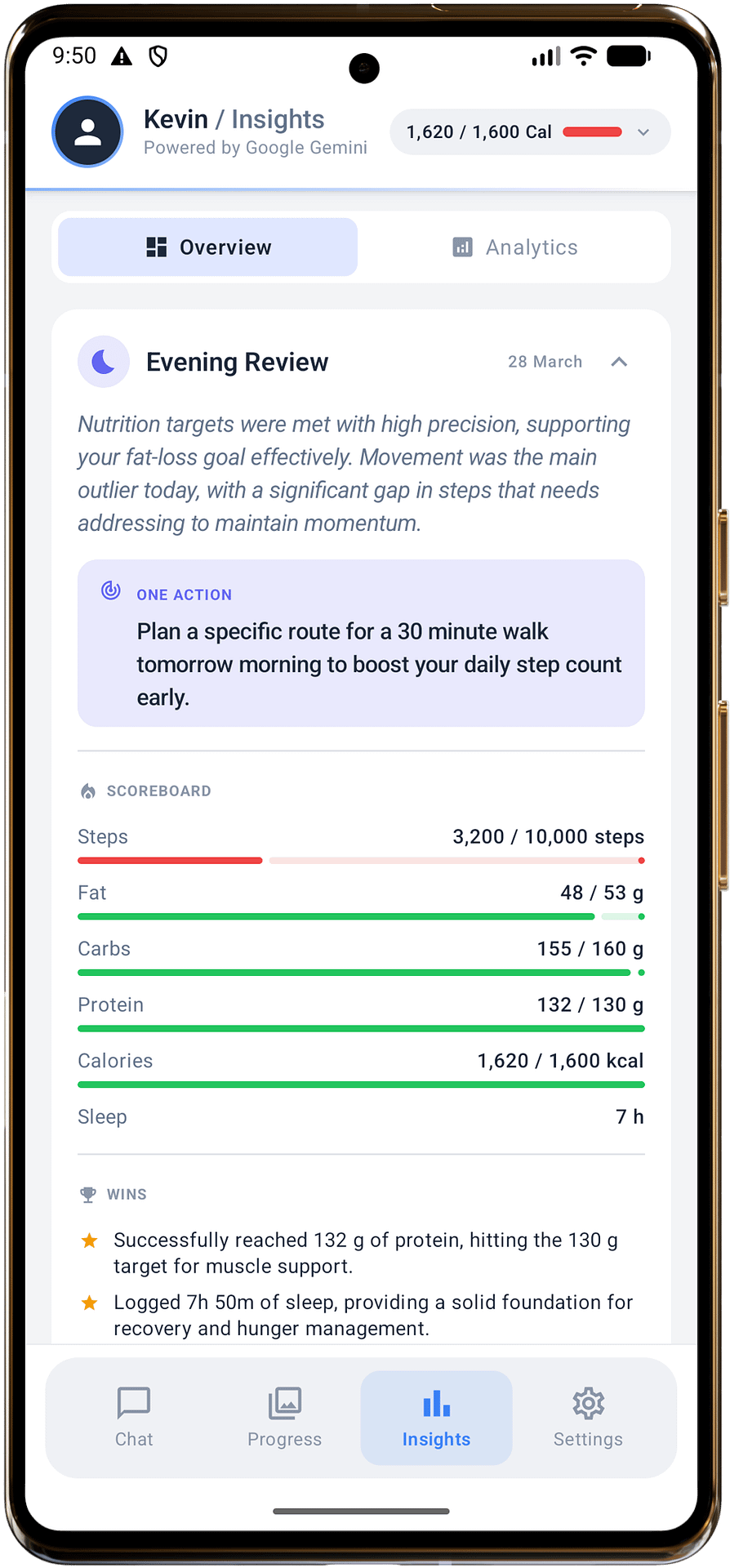 NutriTracker Android app showing an evening review with nutrition scoreboard