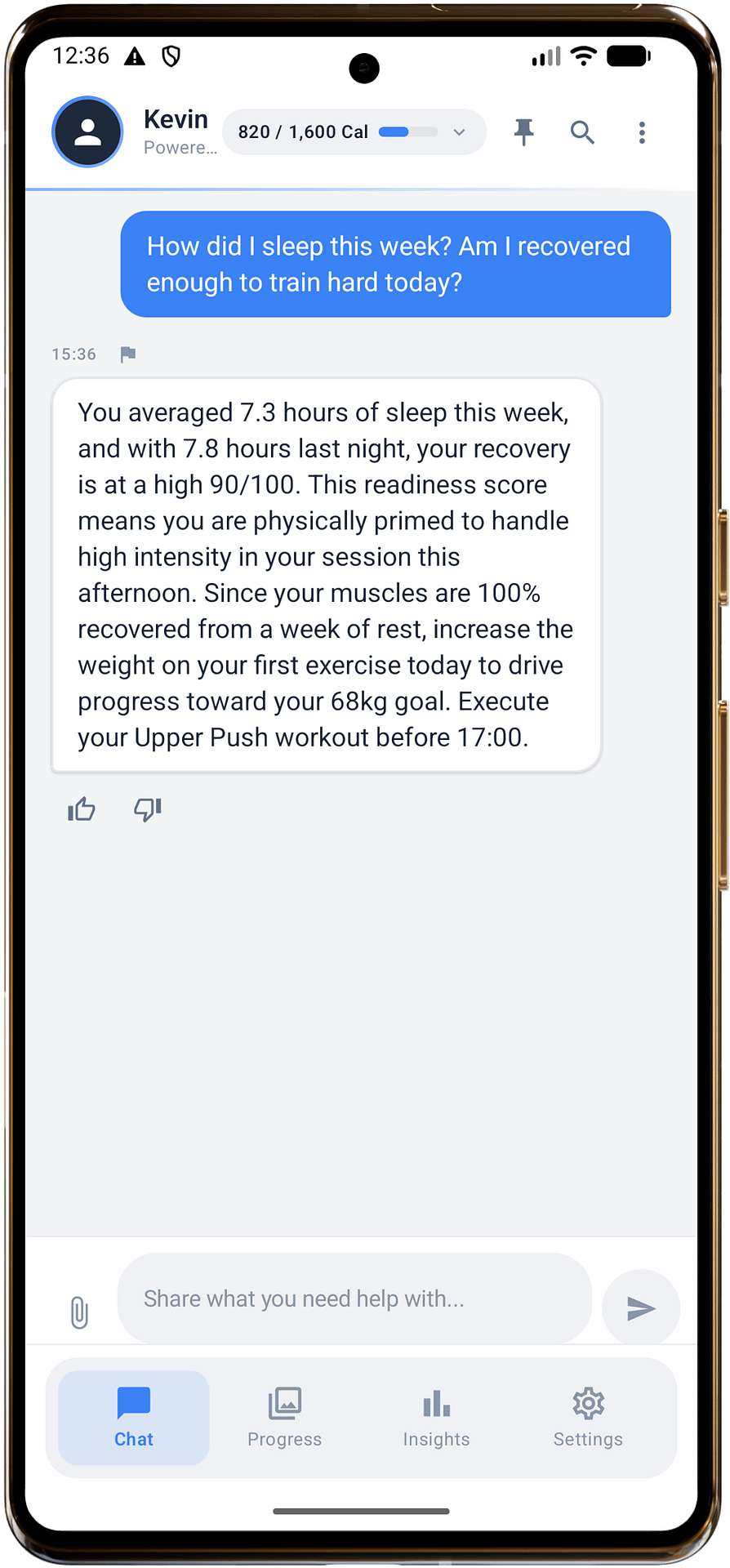 NutriTracker Android app showing AI coach Kevin using Health Connect sleep and recovery data to give personalised training readiness advice