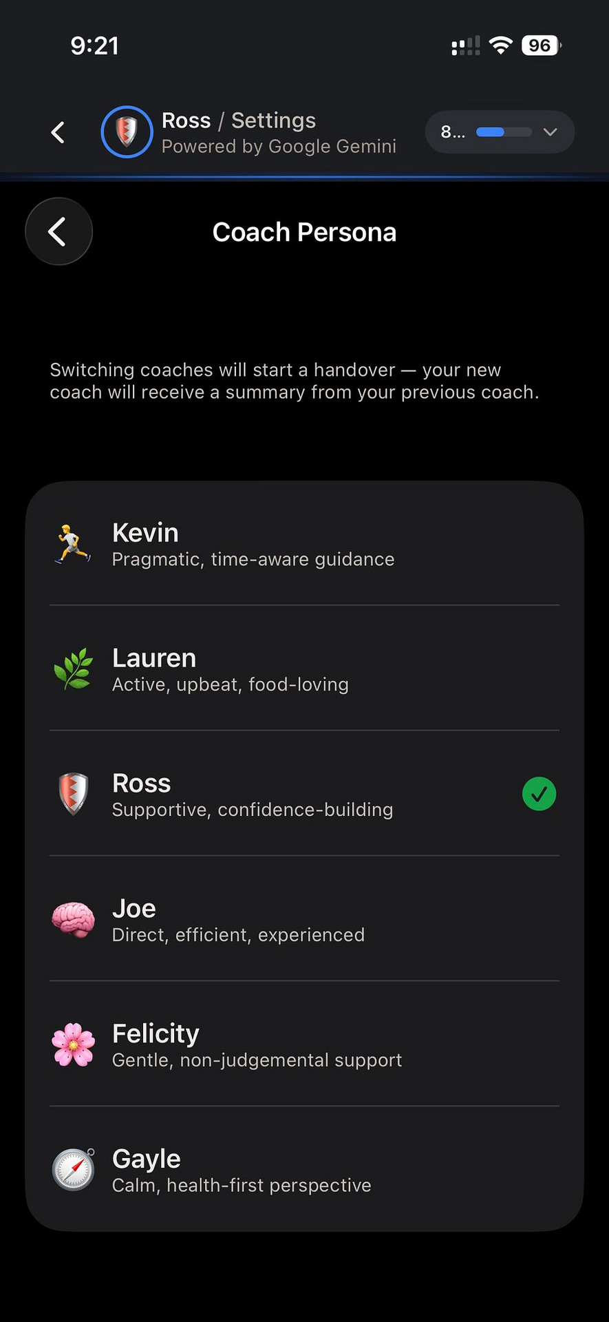 Six AI coaching personas in NutriTracker