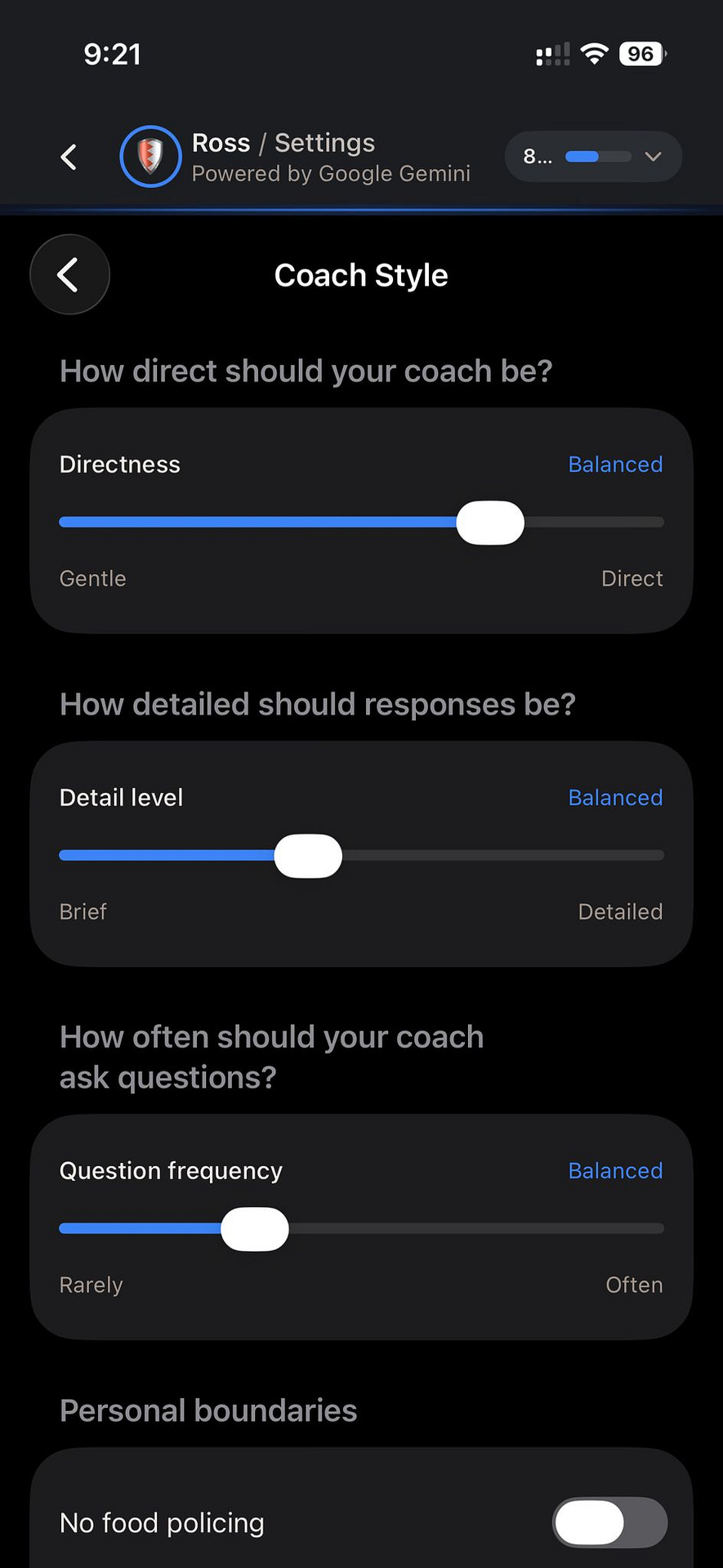 Coach style sliders for directness, detail and question frequency