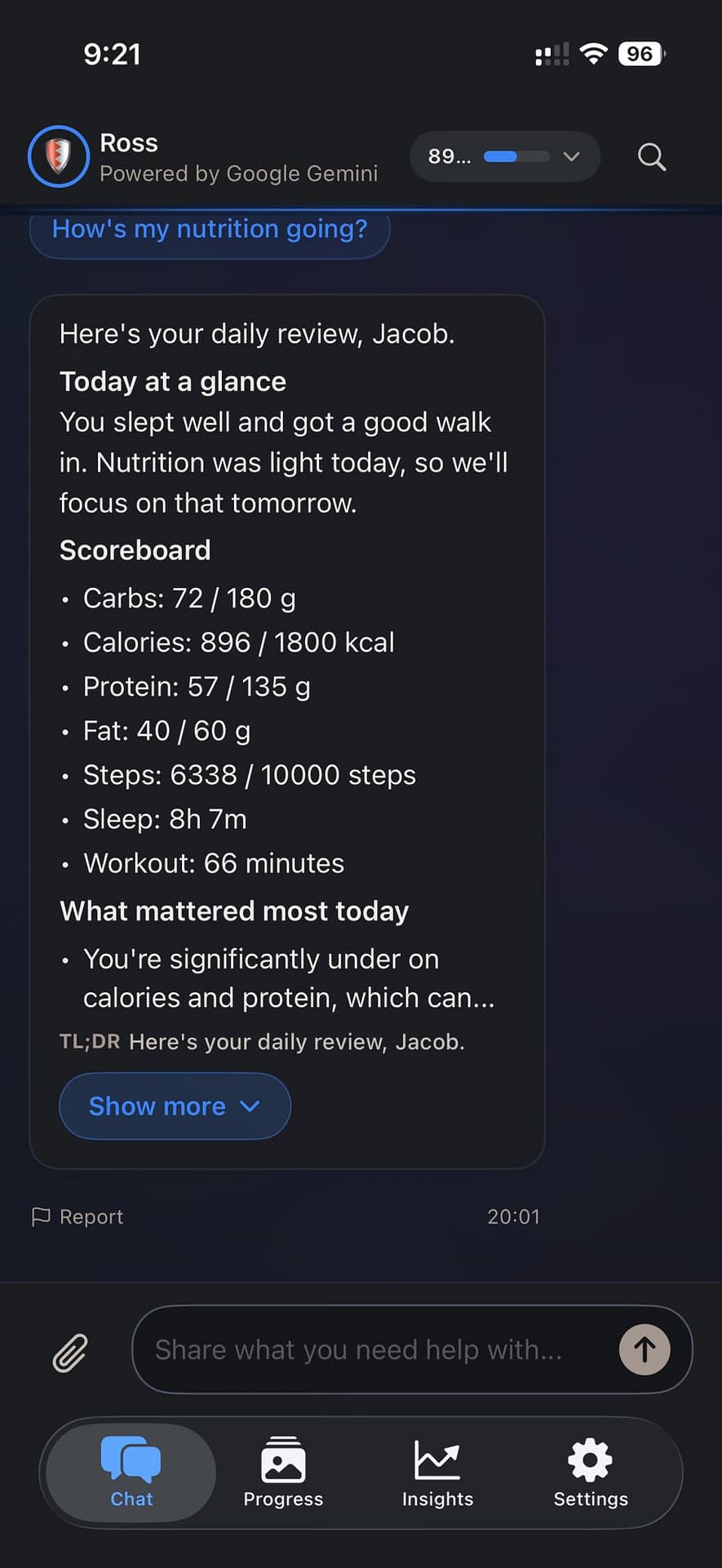 NutriTracker daily review chat with AI coach Ross showing scoreboard stats