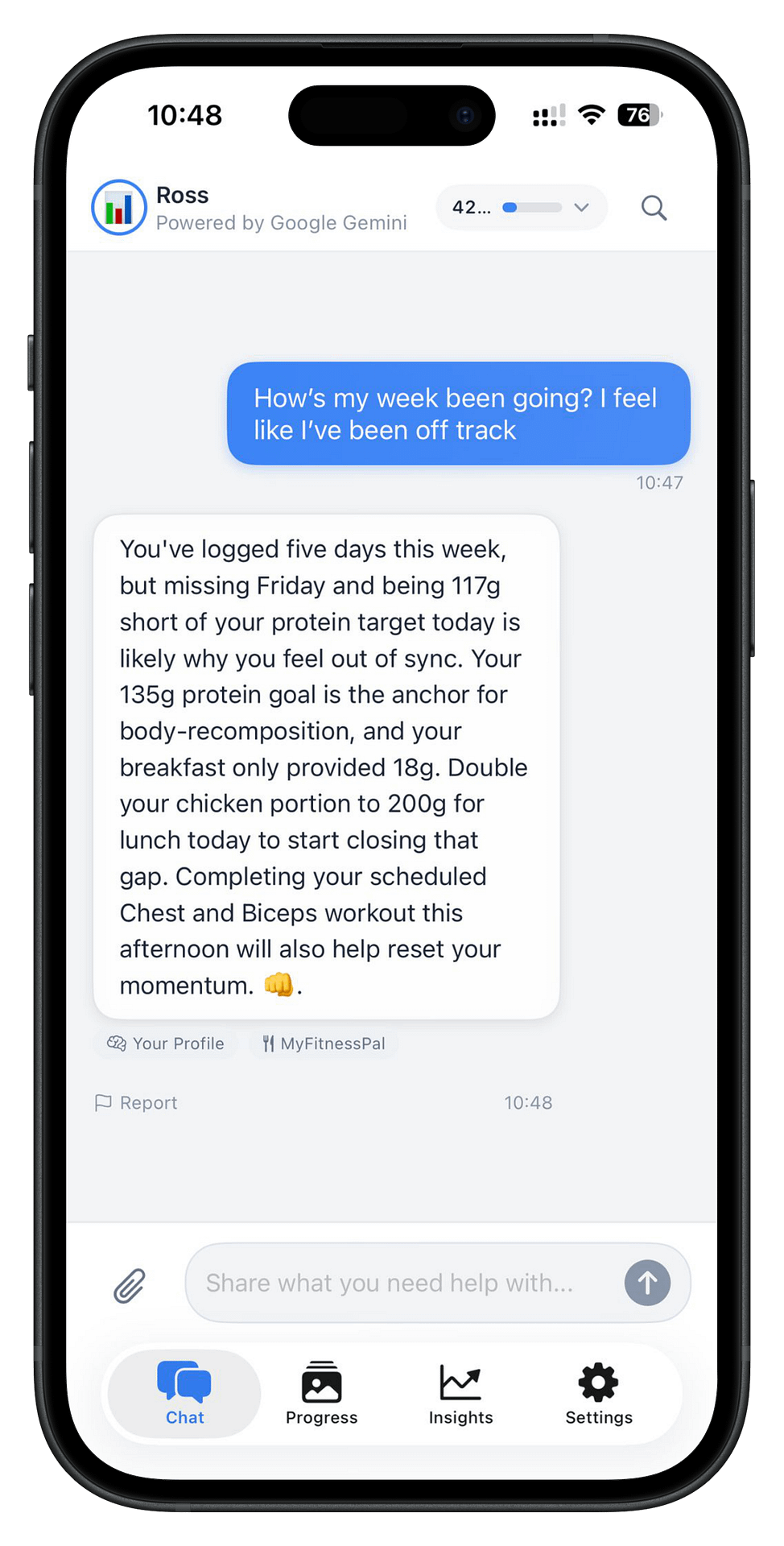 NutriTracker iOS app showing AI coach Ross remembering previous conversations and giving specific data-driven coaching based on the user's history