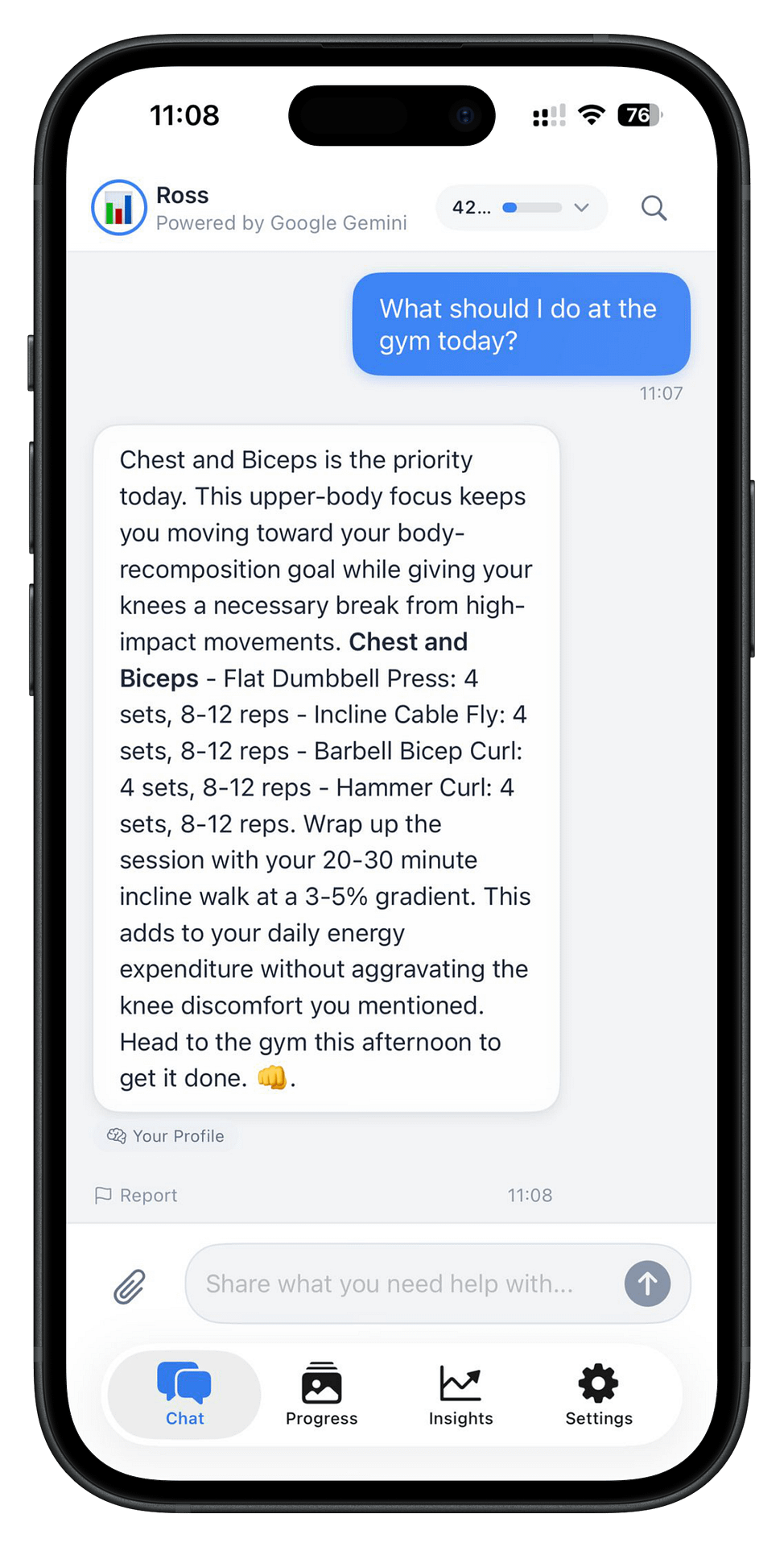 NutriTracker iOS app showing AI coach Ross giving a personalised chest and biceps workout plan with specific exercises sets and reps